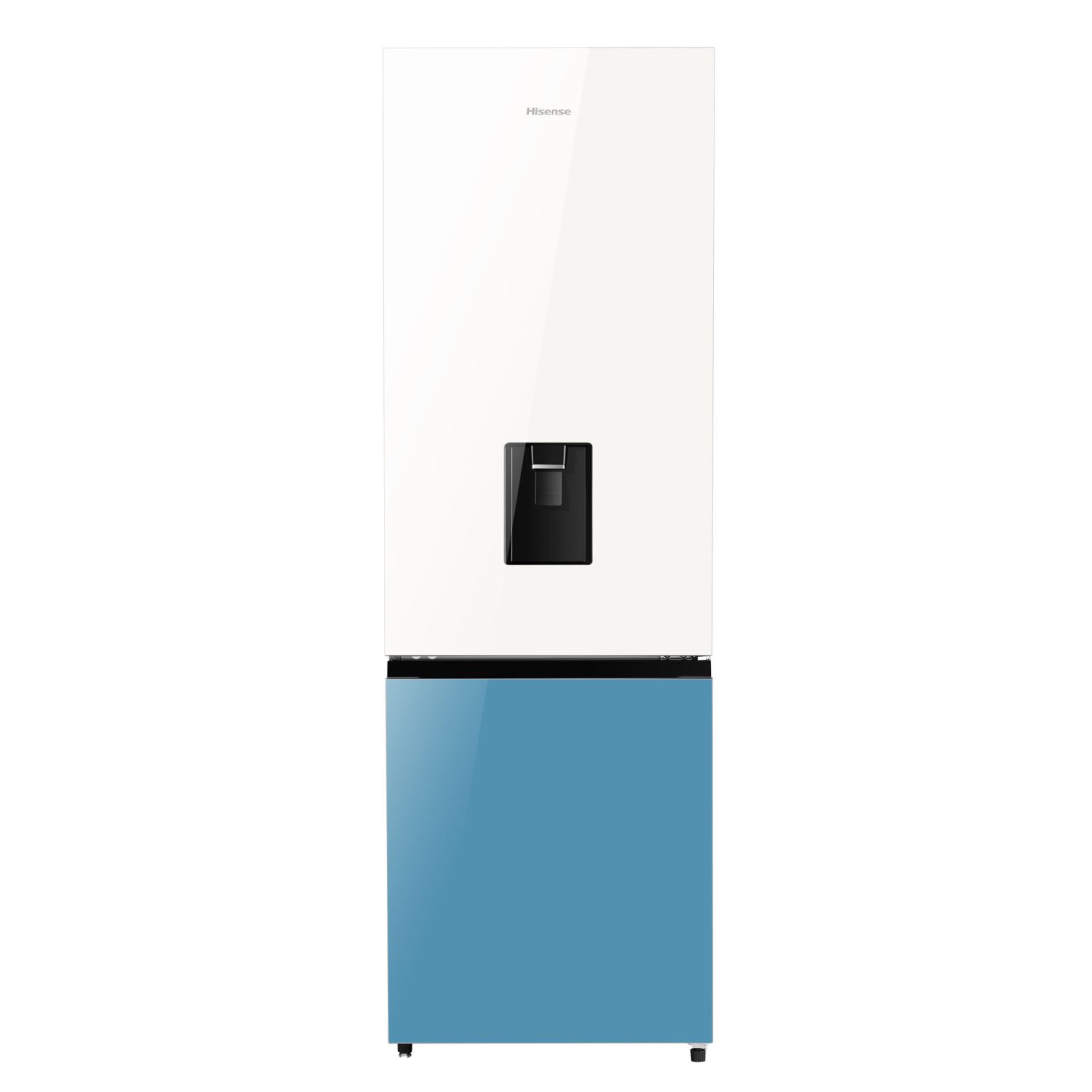 Hisense 350L Bottom Freezer Refrigerator – A+ Energy Efficient, Non-Plumbed Water Dispenser, Reversible Door (White & Blue) – Model H450BDBL-WD - product image