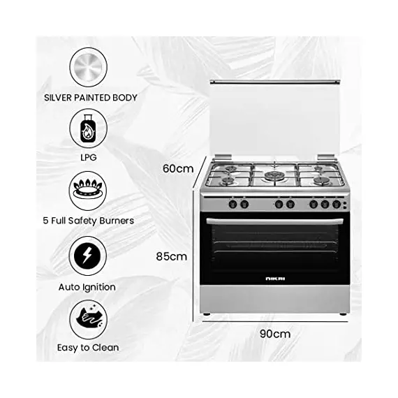 Nikai 90x60cm 5-Burner Freestanding Gas Cooker with Oven & Grill (U9063FS) - Stainless Steel Top - Double Glass Door - Made in Turkey - Available at BuyZone Tanzania - product image