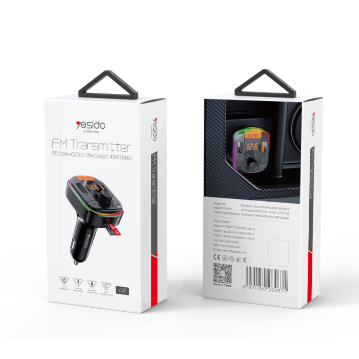 Yesido Y45 Fast Charging Smart Dual USB Ports Vehicle Charger FM Transmitter Mp3 Multi Function Car Charger - product image